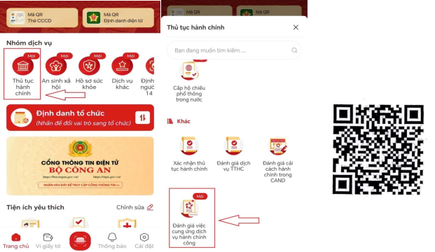 Ảnh: Hướng dẫn truy cập tiện ích “Đánh giá việc cung ứng dịch vụ hành chính công” và mã QR tài liệu hướng dẫn sử dụng 2 tiện ích kèm theo.